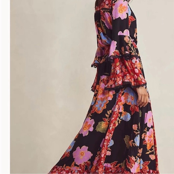 Free People Penny Printed Maxi Bodysuit Dress. Boho Floral Bright Lace Ruffle XS - Picture 2 of 16